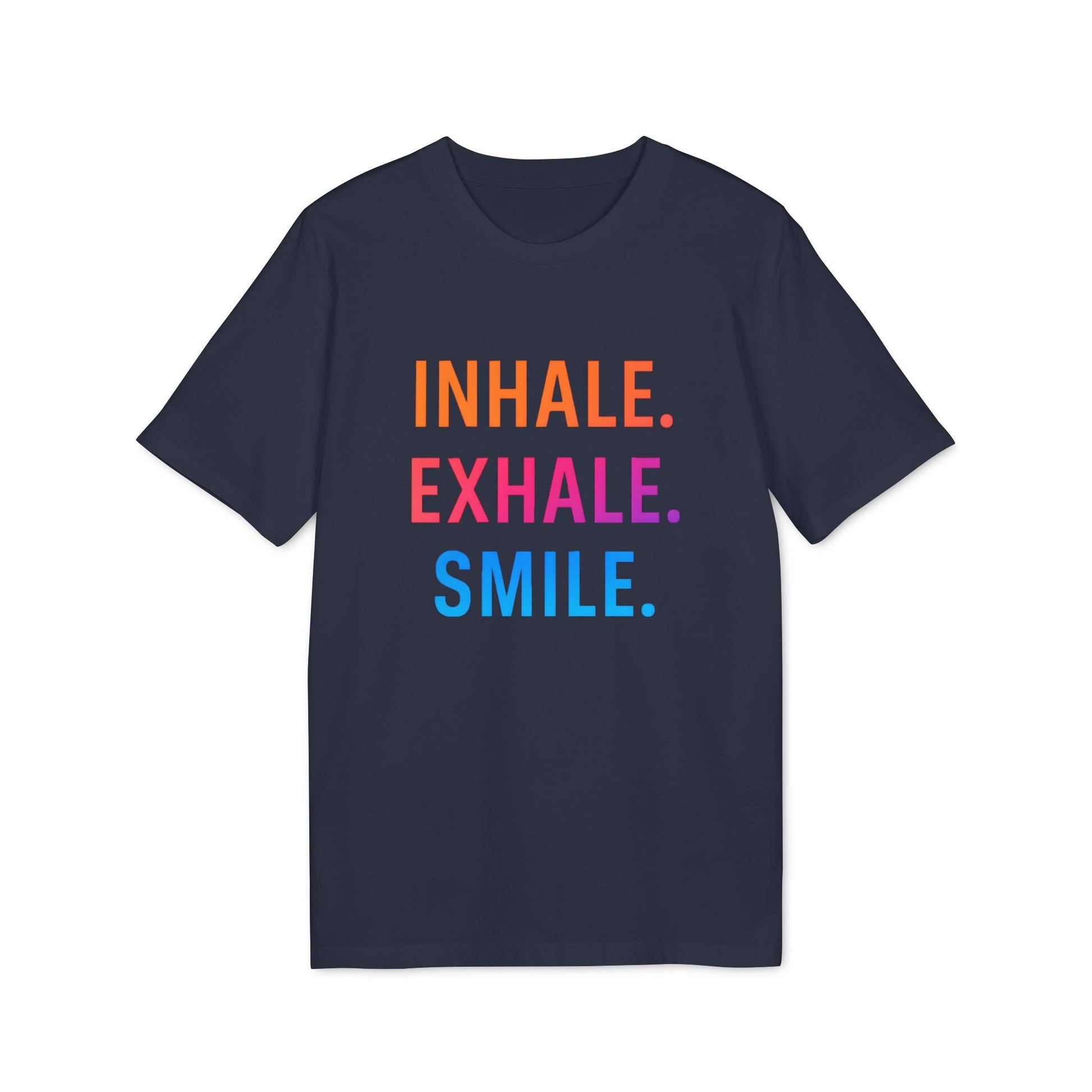 Alt Tag: Inhale Exhale Smile Mindfulness 100% Organic Cotton T-Shirt navy tee with colorful INHALE EXHALE SMILE text graphic