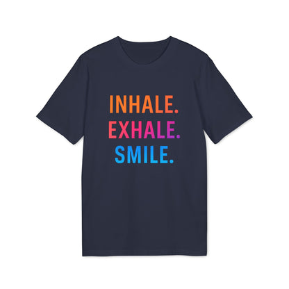 Alt Tag: Inhale Exhale Smile Mindfulness 100% Organic Cotton T-Shirt navy tee with colorful INHALE EXHALE SMILE text graphic