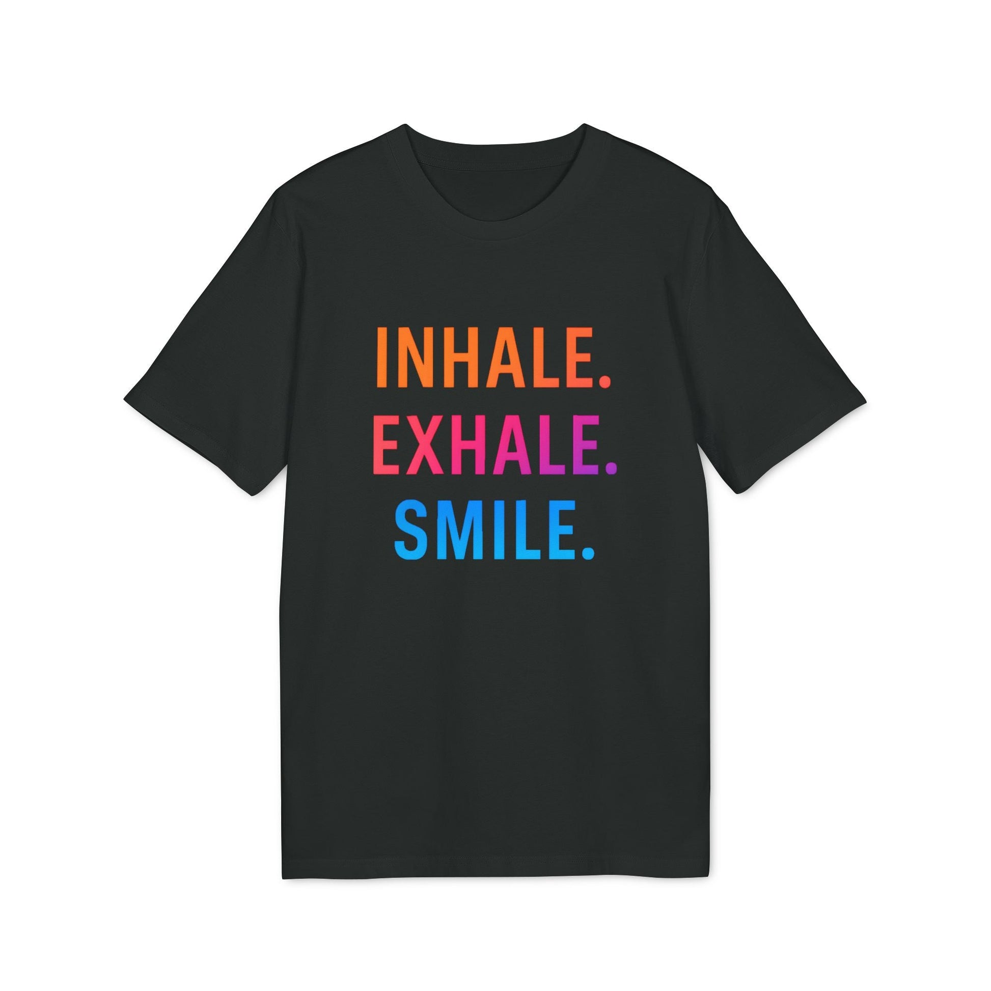 Alt Tag: Inhale Exhale Smile Mindfulness 100% Organic Cotton T-Shirt, black tee with colorful “INHALE EXHALE SMILE” text