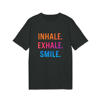 Alt Tag: Inhale Exhale Smile Mindfulness 100% Organic Cotton T-Shirt, black tee with colorful “INHALE EXHALE SMILE” text