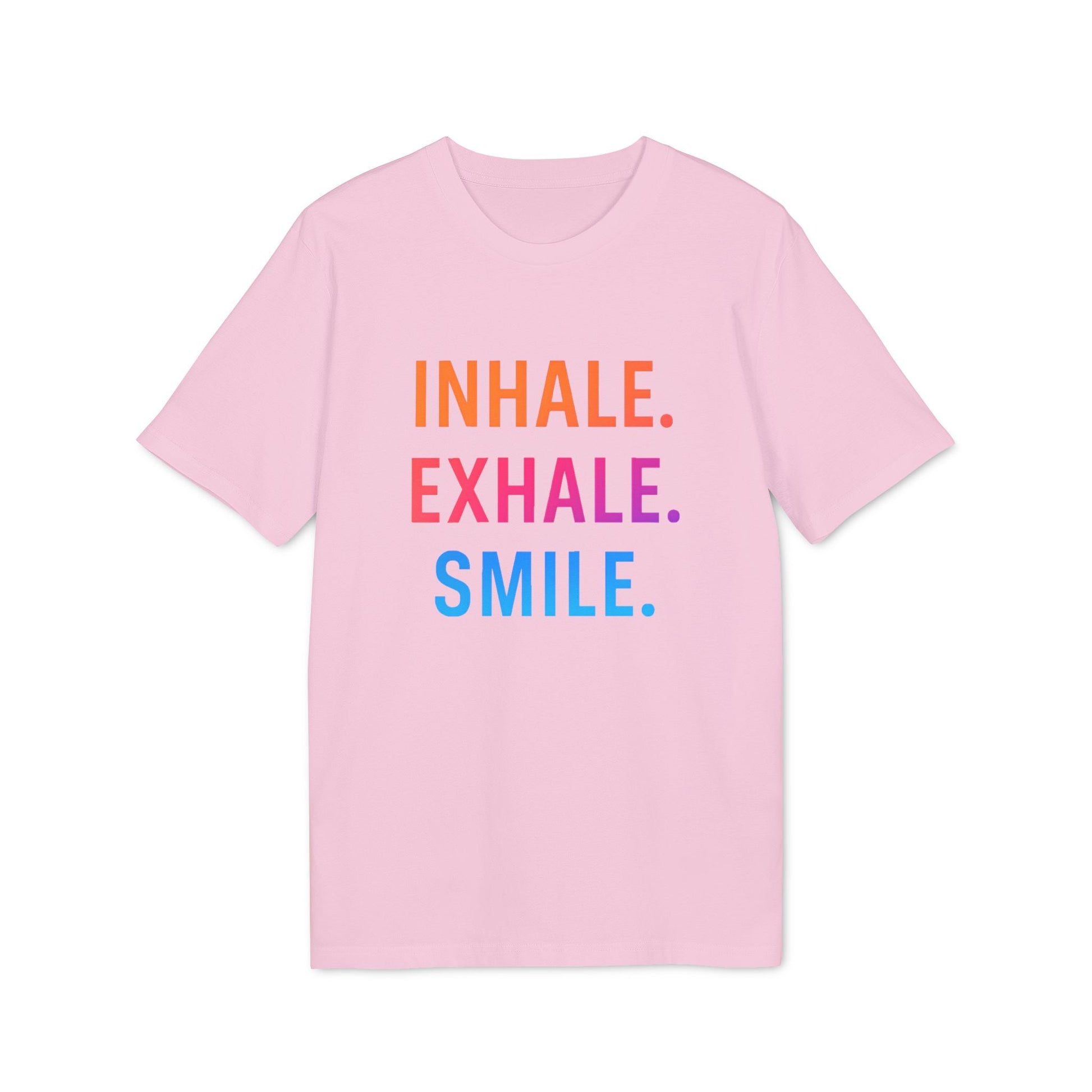 Alt Tag: Inhale Exhale Smile Mindfulness 100% Organic Cotton T-Shirt pink crewneck with "INHALE. EXHALE. SMILE." front graphic