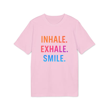 Alt Tag: Inhale Exhale Smile Mindfulness 100% Organic Cotton T-Shirt pink crewneck with "INHALE. EXHALE. SMILE." front graphic