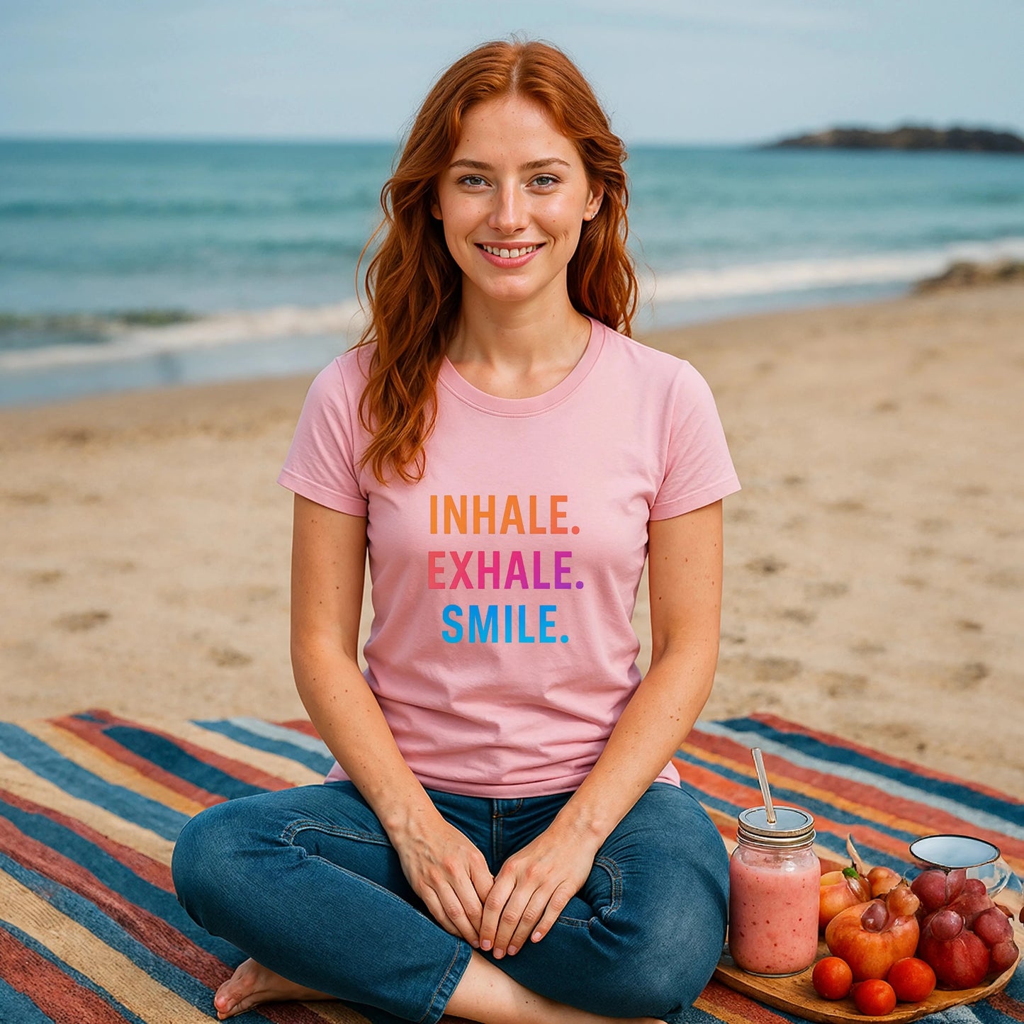 Alt Tag: Inhale Exhale Smile Mindfulness 100% Organic Cotton T-Shirt modelo mujer en playa, camiseta rosa con texto INHALE EXHALE SMILE