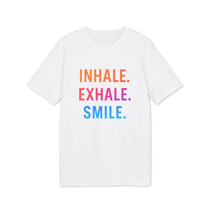 Alt Tag: Inhale Exhale Smile Mindfulness 100% Organic Cotton T-Shirt, white tee with “INHALE. EXHALE. SMILE.” text in orange, pink, blue