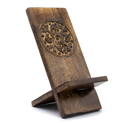 Intricate Mango Wood Phone Stand – Mandala 20x9.5 CM hand-carved mango wood smartphone stand with mandala design