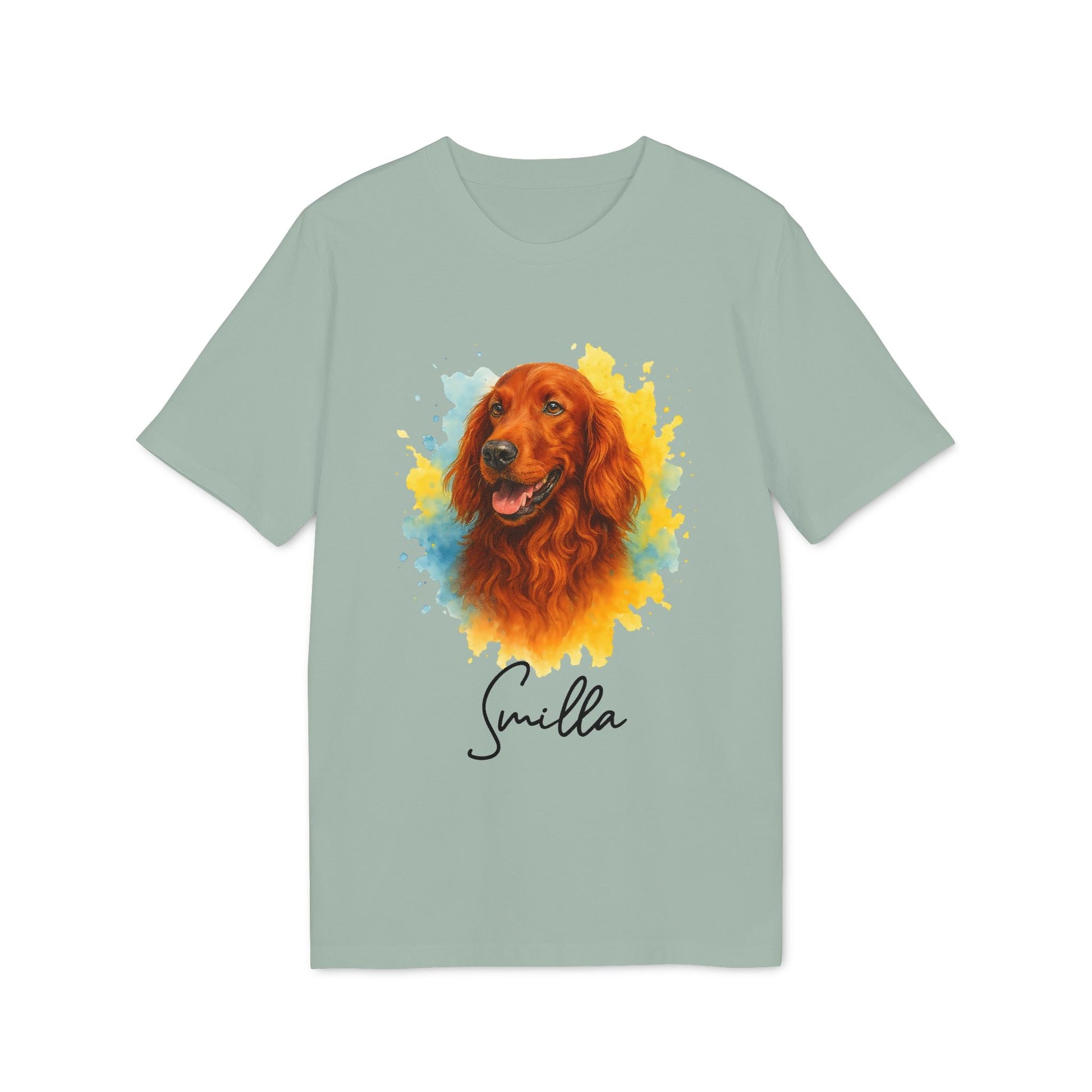 Alt Tag: Irish Setter Personalized Dog Sustainable Unisex Tee with watercolor Irish Setter portrait and custom name “Smilla” on sage green shirt
