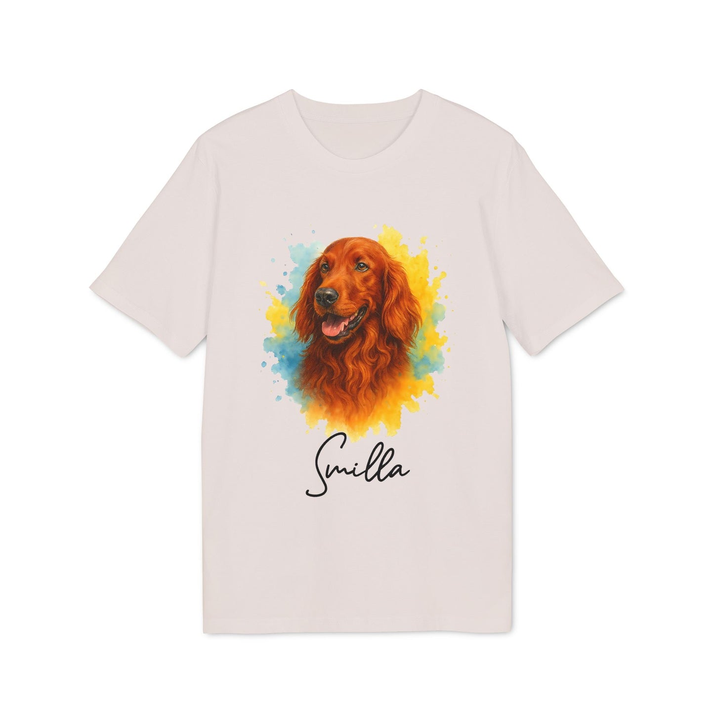 Irish Setter Personalized Dog Sustainable Unisex Tee with watercolor Irish Setter portrait and custom name “Sunilla” on light beige shirt