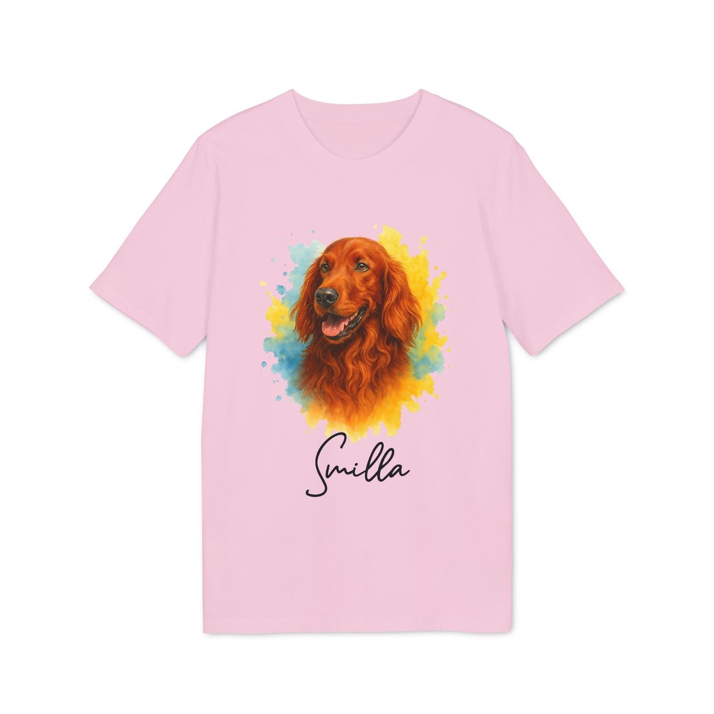Alt Tag: Irish Setter Personalized Dog Sustainable Unisex Tee in pink with watercolor Irish Setter portrait and custom name "Smilla"