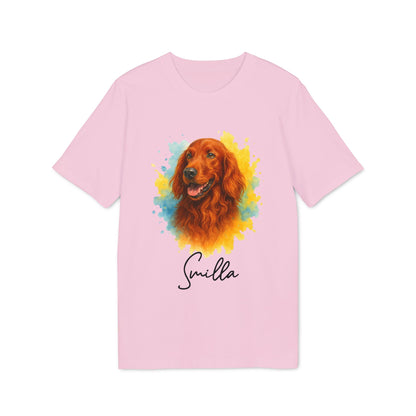 Alt Tag: Irish Setter Personalized Dog Sustainable Unisex Tee in pink with watercolor Irish Setter portrait and custom name "Smilla"