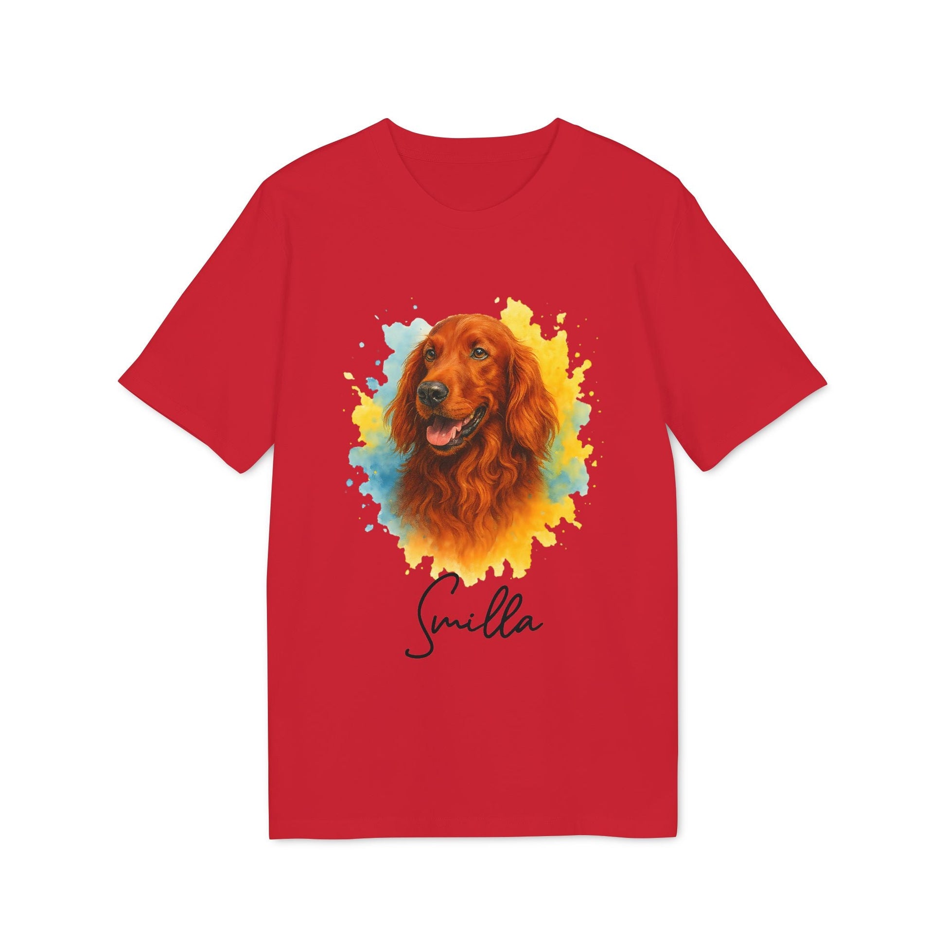 Irish Setter Personalized Dog Sustainable Unisex Tee red t-shirt with watercolor Irish Setter portrait and name Smilla
