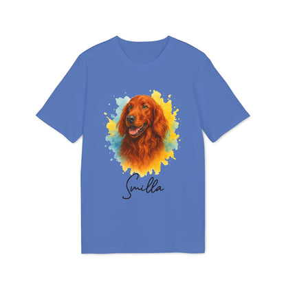 Irish Setter Personalized Dog Sustainable Unisex Tee blue t-shirt with watercolor Irish Setter portrait and personalized name "Smilla"