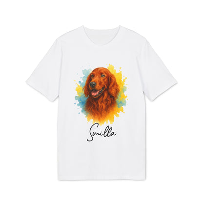 Alt Tag: Irish Setter Personalized Dog Sustainable Unisex Tee white t-shirt with Irish Setter watercolor portrait and custom name "Smilla"