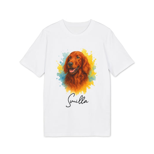 Alt Tag: Irish Setter Personalized Dog Sustainable Unisex Tee white t-shirt with Irish Setter watercolor portrait and custom name "Smilla"