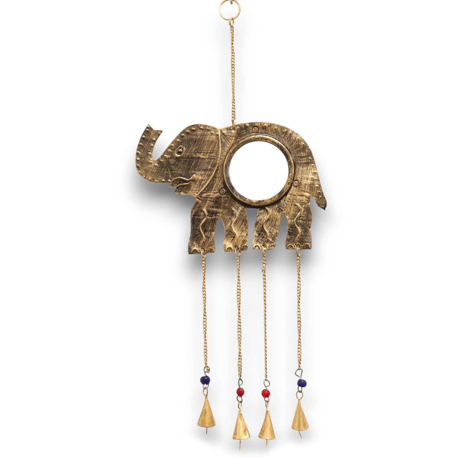 Alt Tag: Iron Elephant Wind Chime – Large Mirror & Bells 24x60CM, iron elephant hanging chime with round mirror and four bells