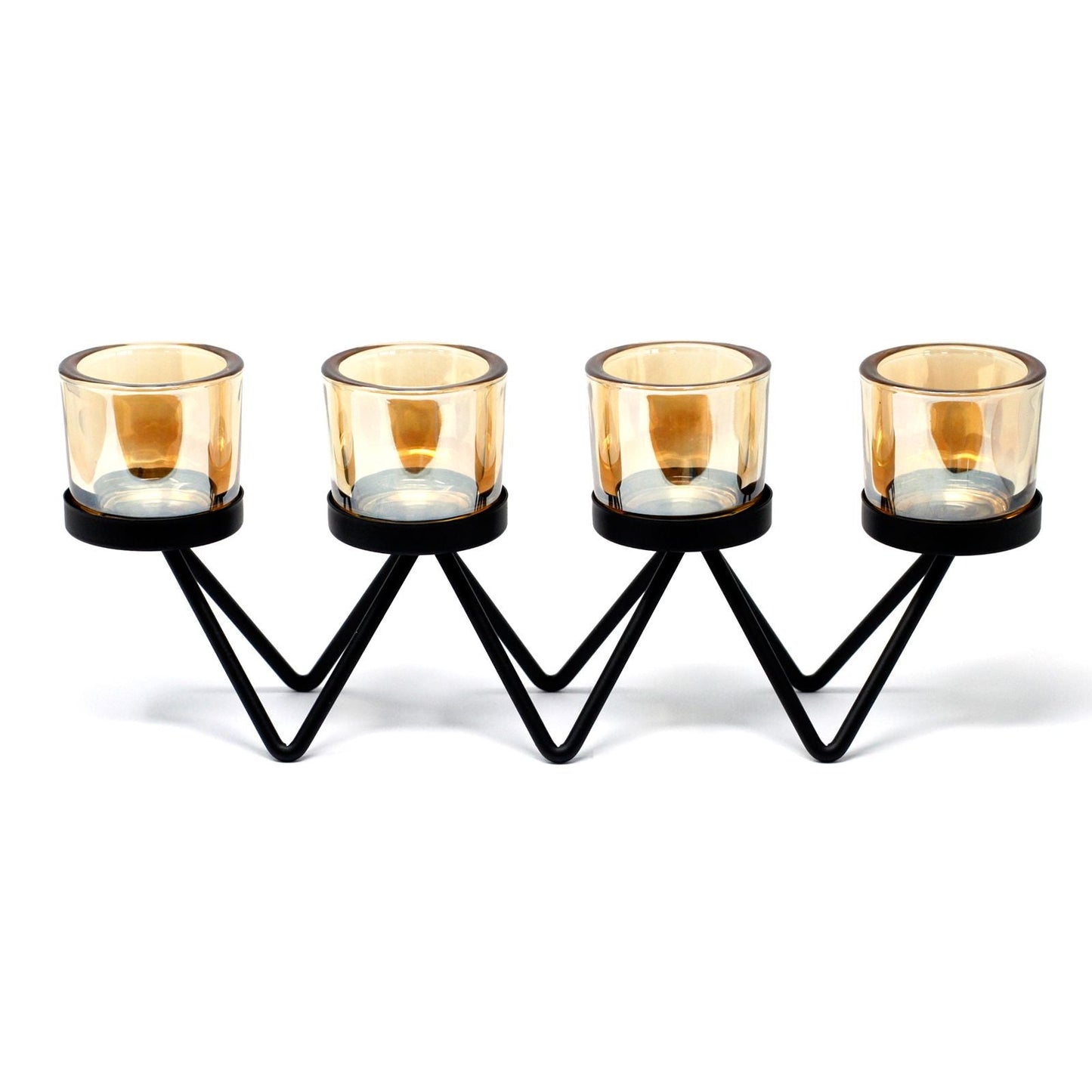 Alt Tag: Portavelas votivo de hierro y vidrio – Zig Zag de 4 vasos con 4 vasos de vidrio ámbar sobre soporte Zig Zag de hierro negro, 34.5 cm de largo