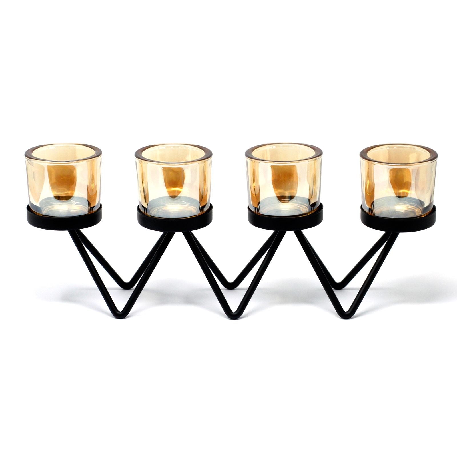 Alt Tag: Portavelas votivo de hierro y vidrio – Zig Zag de 4 vasos con 4 vasos de vidrio ámbar sobre soporte Zig Zag de hierro negro, 34.5 cm de largo