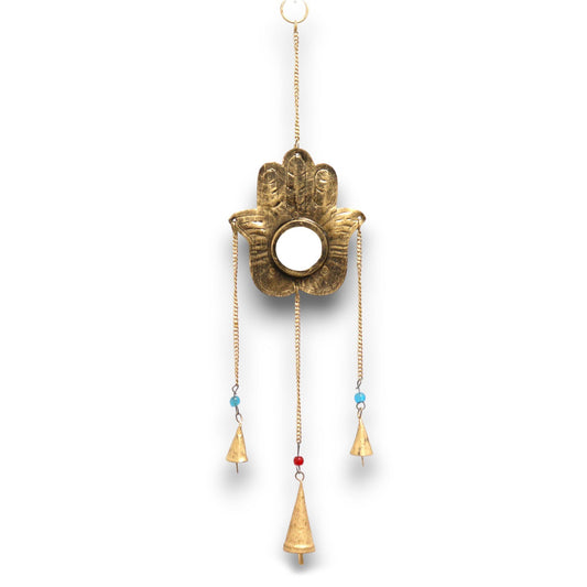Alt Tag: Iron Hamsa Chimes – 14x55 CM iron hamsa hand wall chime with mirror and three hanging bells, gold tone