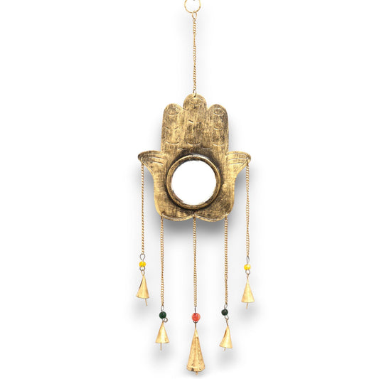 Iron Indian Chimes – Large Hamsa Mirror 19x65 CM, iron Hamsa hand wind chime with round mirror and five hanging bells