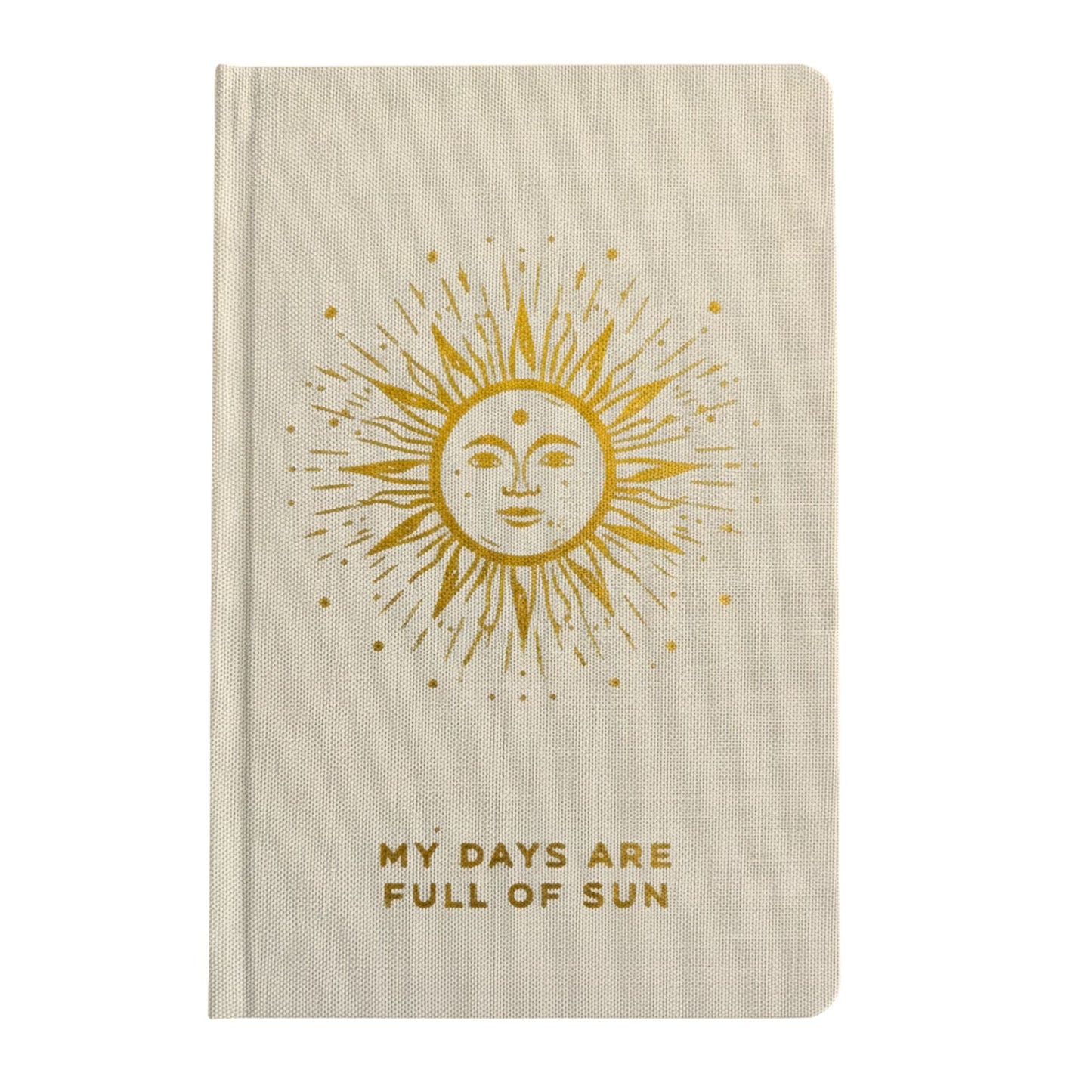 Alt Tag: Ivory Gratitude Journal with Gold Lining – 120 Pages – My Days Are Full of Sun, ivory cover with gold sun design and embossed text