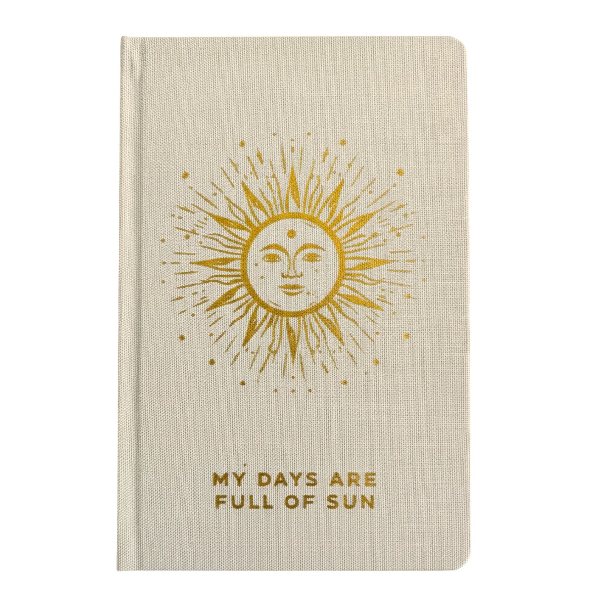 Alt Tag: Ivory Gratitude Journal with Gold Lining – 120 Pages – My Days Are Full of Sun, ivory cover with gold sun design and embossed text