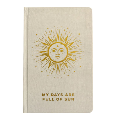 Alt Tag: Ivory Gratitude Journal with Gold Lining – 120 Pages – My Days Are Full of Sun, ivory cover with gold sun design and embossed text