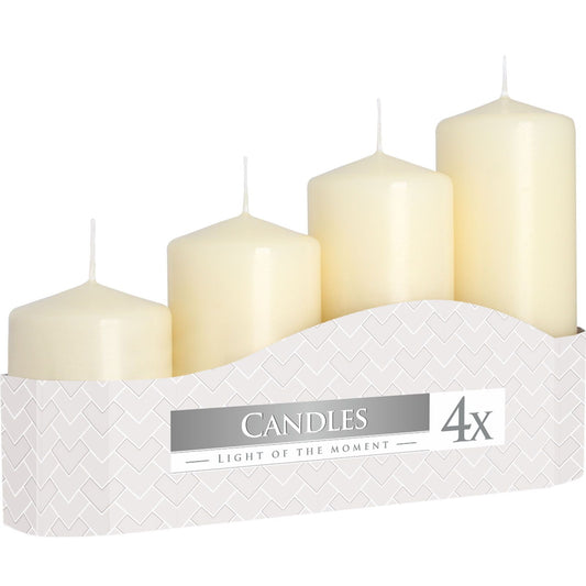Alt Tag: Ivory Pillar Candle Set – 50MM 4-Pack, 4 ivory paraffin pillar candles in assorted heights, even-burning home decor candles