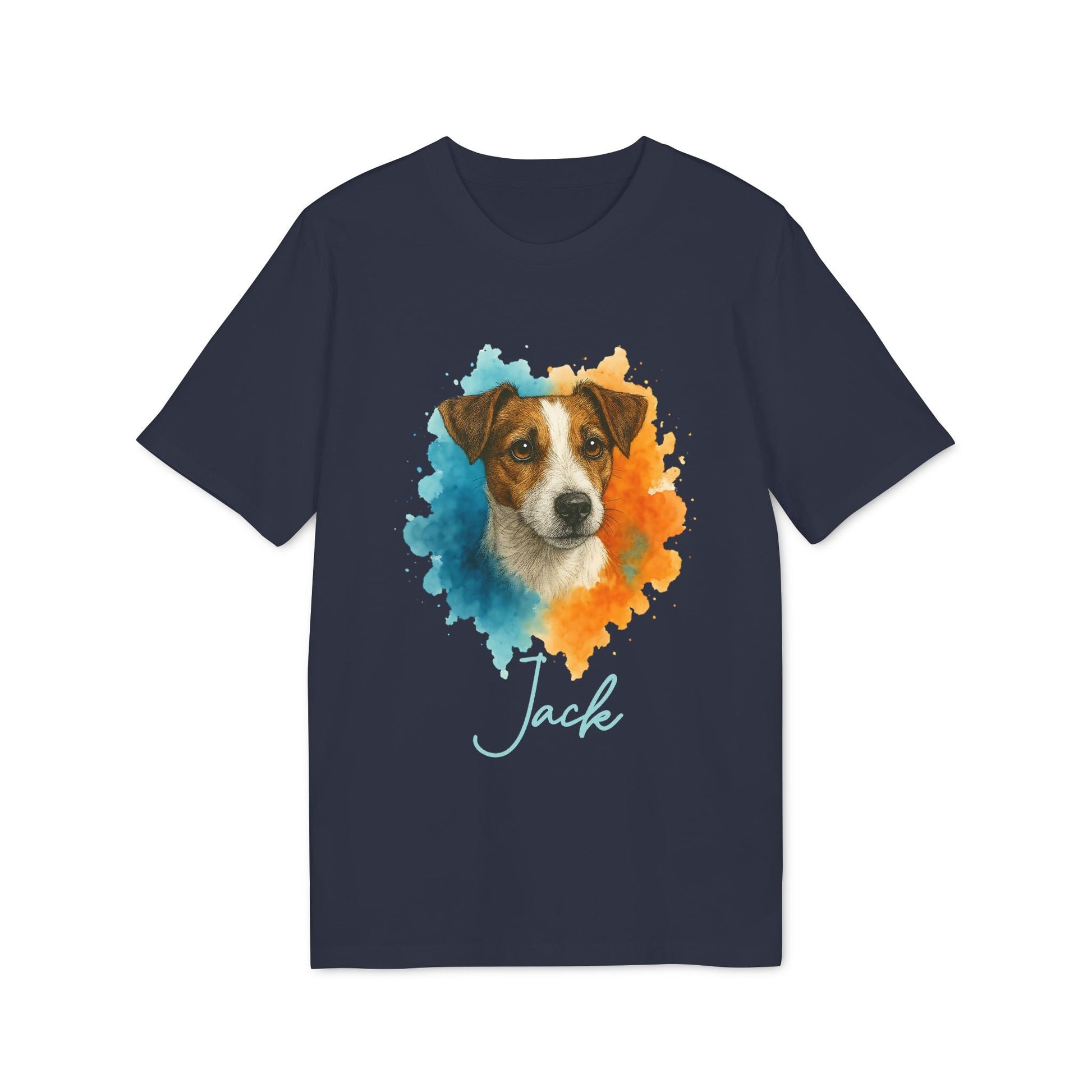 Jack Russell Terrier Personalized Dog 100% Organic Cotton T-Shirt navy tee with watercolor Jack Russell portrait and name "Jack"