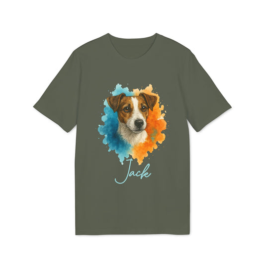 Jack Russell Terrier Personalized Dog 100% Organic Cotton T-Shirt with watercolor Jack Russell portrait and custom name "Jack"