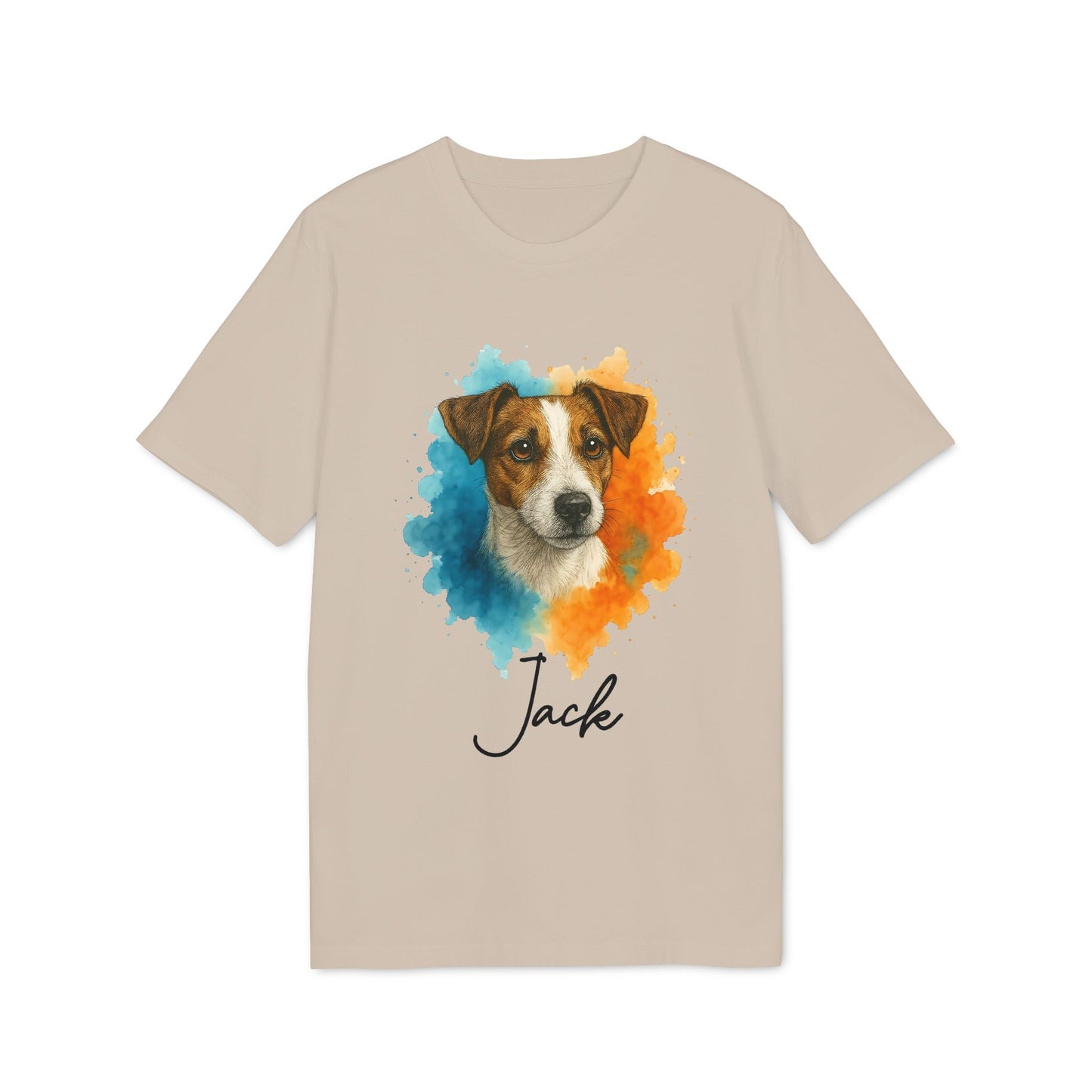Jack Russell Terrier Personalized Dog 100% Organic Cotton T-Shirt beige tee with Jack Russell portrait and custom name "Jack"