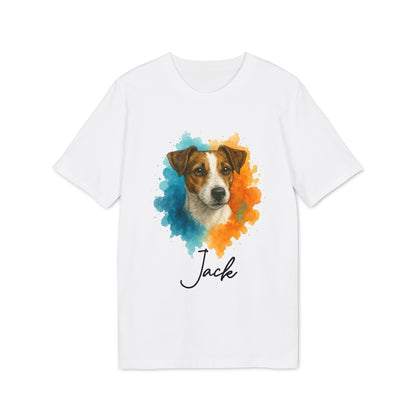 Alt Tag: Jack Russell Terrier Personalized Dog 100% Organic Cotton T-Shirt con ilustración de Jack Russell y nombre personalizado "Jack" en camiseta blanca