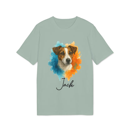 Jack Russell Terrier Personalized Dog 100% Organic Cotton T-Shirt with watercolor Jack Russell portrait and custom name "Jack"