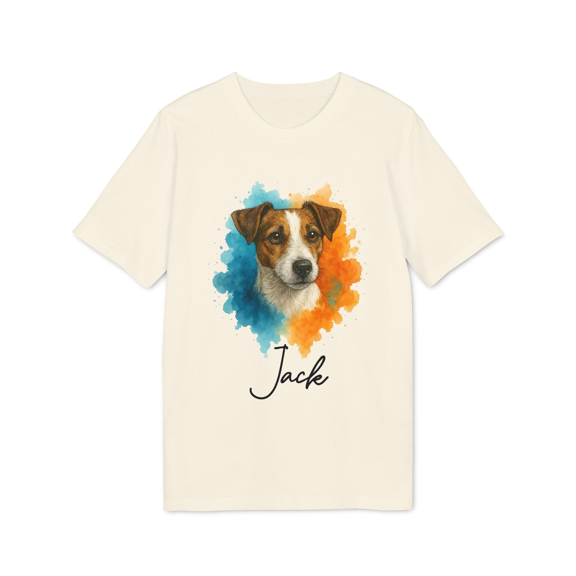 Jack Russell Terrier Personalized Dog 100% Organic Cotton T-Shirt with watercolor Jack Russell portrait and custom name Jack