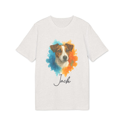 Alt Tag: Jack Russell Terrier Personalized Dog 100% Organic Cotton T-Shirt with watercolor Jack Russell portrait and personalized name "Jack"
