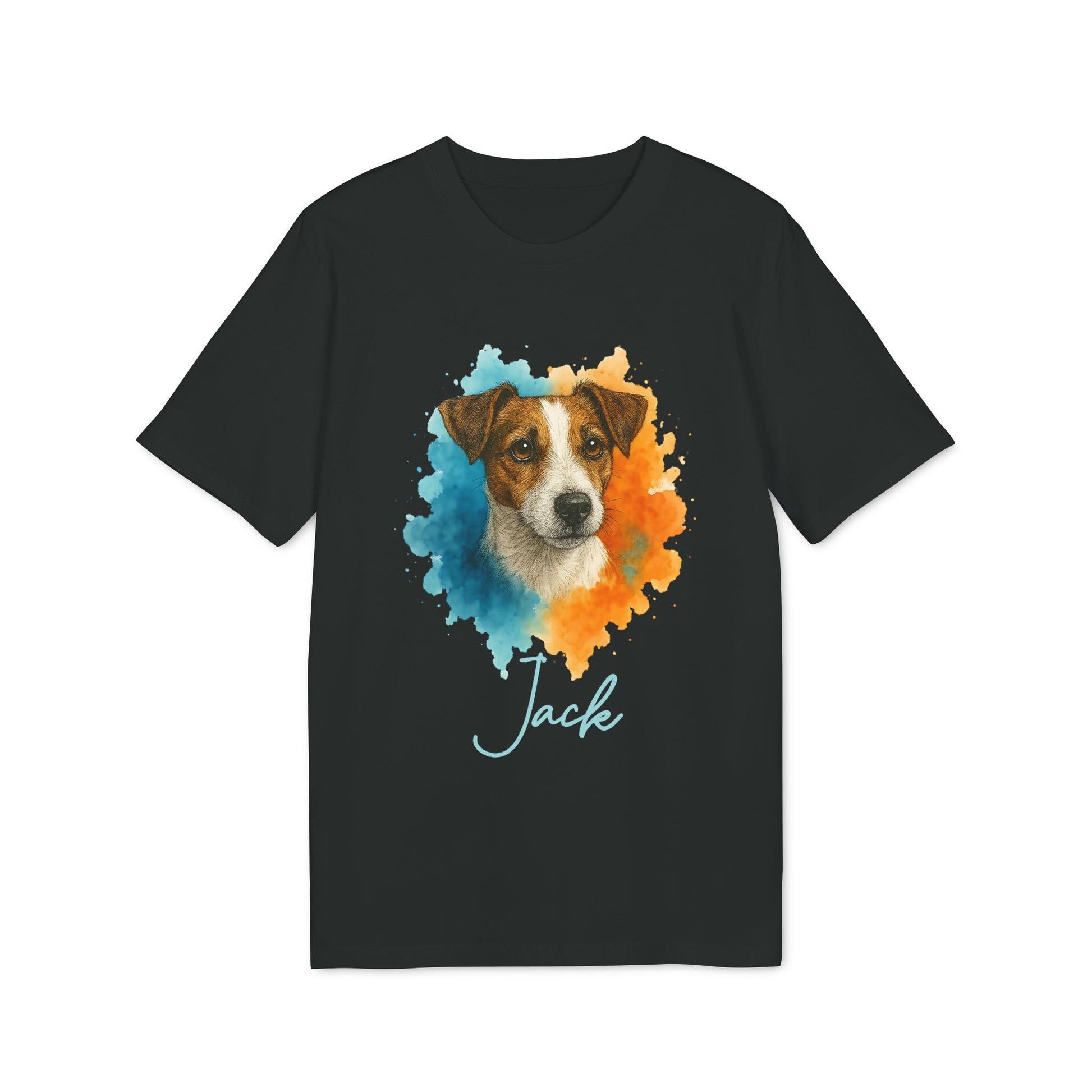 Jack Russell Terrier Personalized Dog 100% Organic Cotton T-Shirt, black tee with Jack Russell portrait watercolor splash and name "Jack"