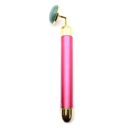Jade Gemstone Face Roller – 15.5 CM con mango rosa y cabezal de jade verde, rodillo facial de metal pulido