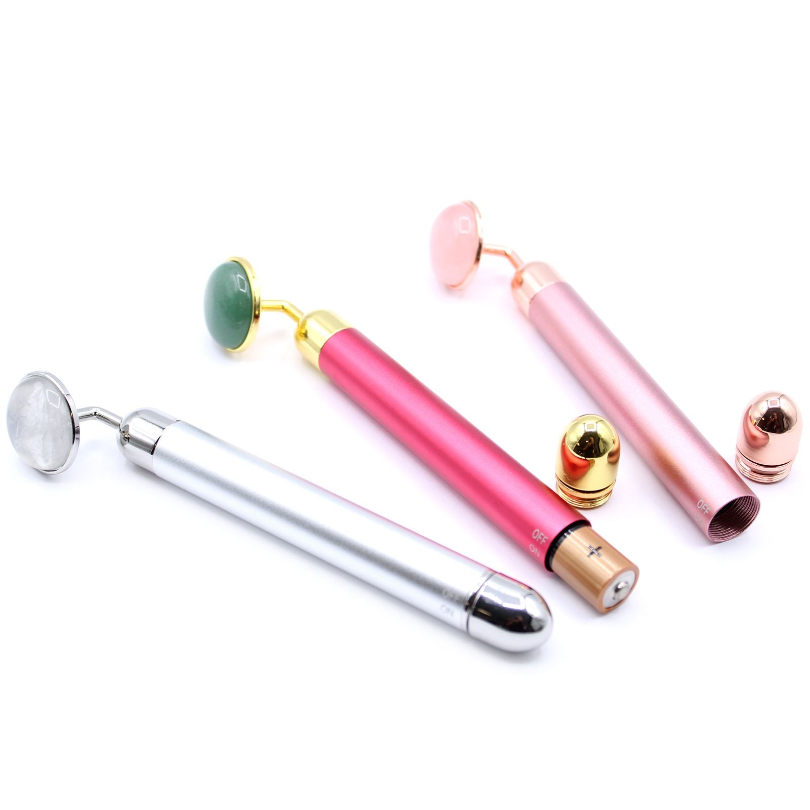Alt Tag: Jade Gemstone Face Roller – 15.5 CM, set de rodillos faciales con piedra tipo jade y mango metálico en varios colores sobre fondo blanco