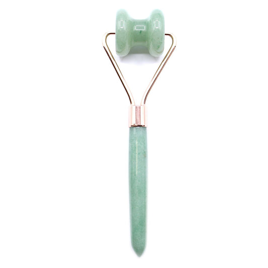 Alt Tag: Jade Gemstone Face Roller – 15CM con rodillo de jade verde y mango de piedra, marco metálico, sobre fondo blanco