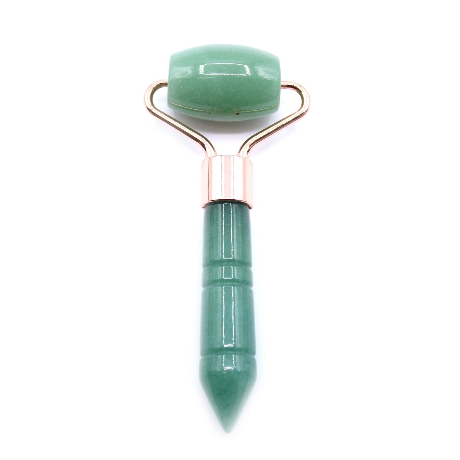 Alt Tag: Jade Gemstone Face Roller – Compact 9CM green jade facial roller with rose gold frame, 9cm travel size beauty tool