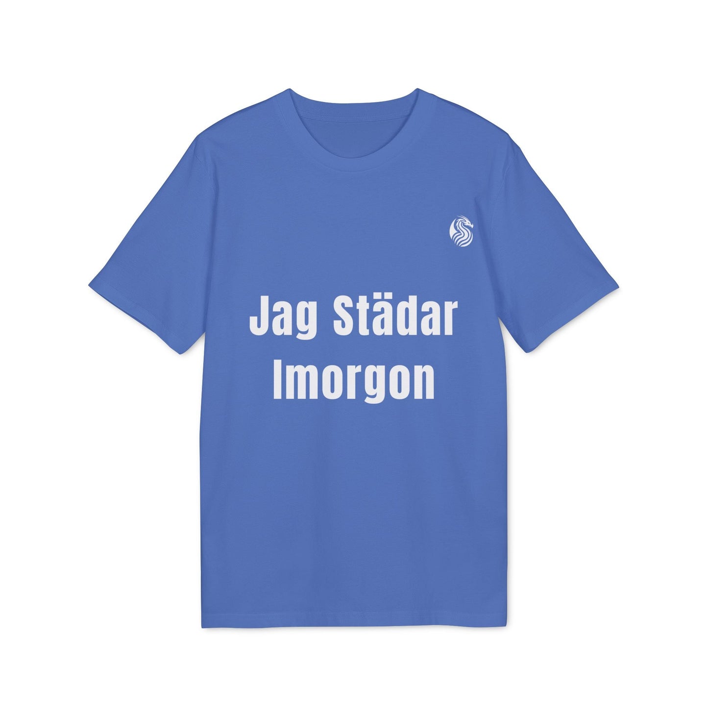 Jag Städar Imorgon Ungdom 100% Organic Cotton T-Shirt blue youth tee with white Jag Städar Imorgon text graphic