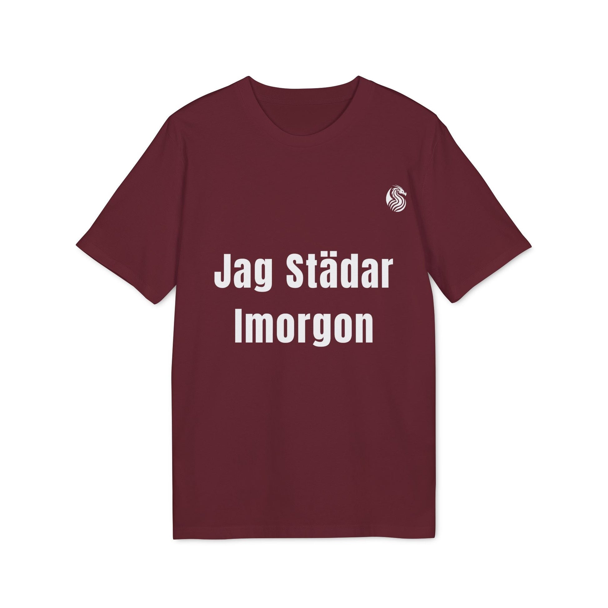 Jag Städar Imorgon Ungdom 100% Organic Cotton T-Shirt maroon youth tee with “Jag Städar Imorgon” text graphic