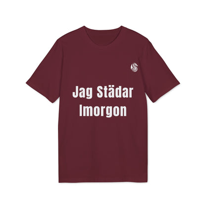 Jag Städar Imorgon Ungdom 100% Organic Cotton T-Shirt maroon youth tee with “Jag Städar Imorgon” text graphic