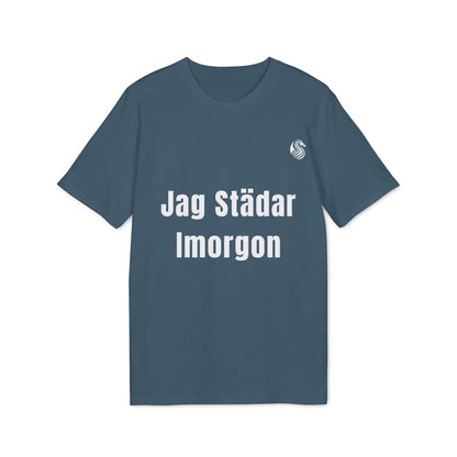 Jag Städar Imorgon Ungdom 100% Organic Cotton T-Shirt blue youth tee with "Jag Städar Imorgon" text graphic on front