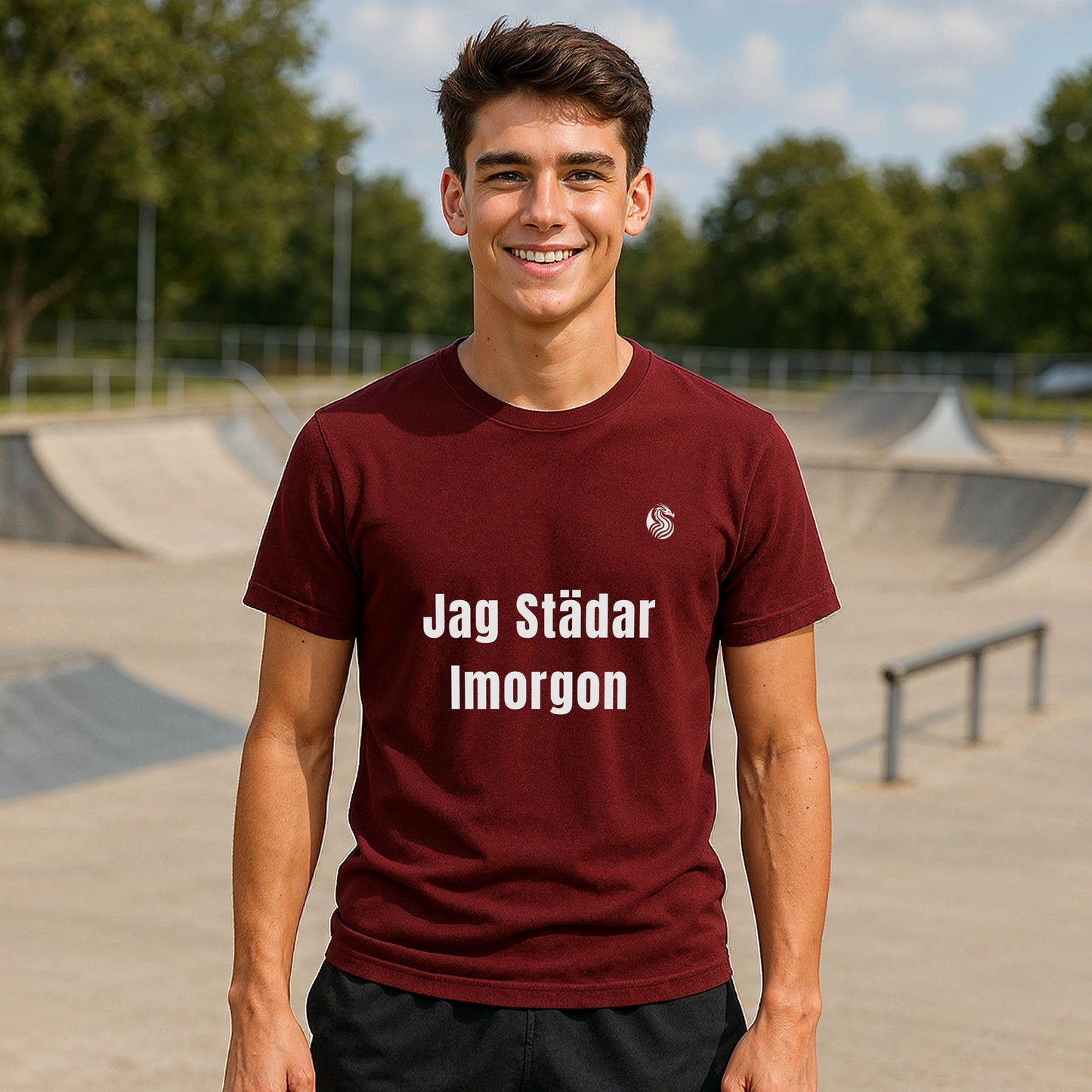 Jag Städar Imorgon Ungdom 100% Organic Cotton T-Shirt burgundy youth tee with Jag Städar Imorgon text, worn at skatepark