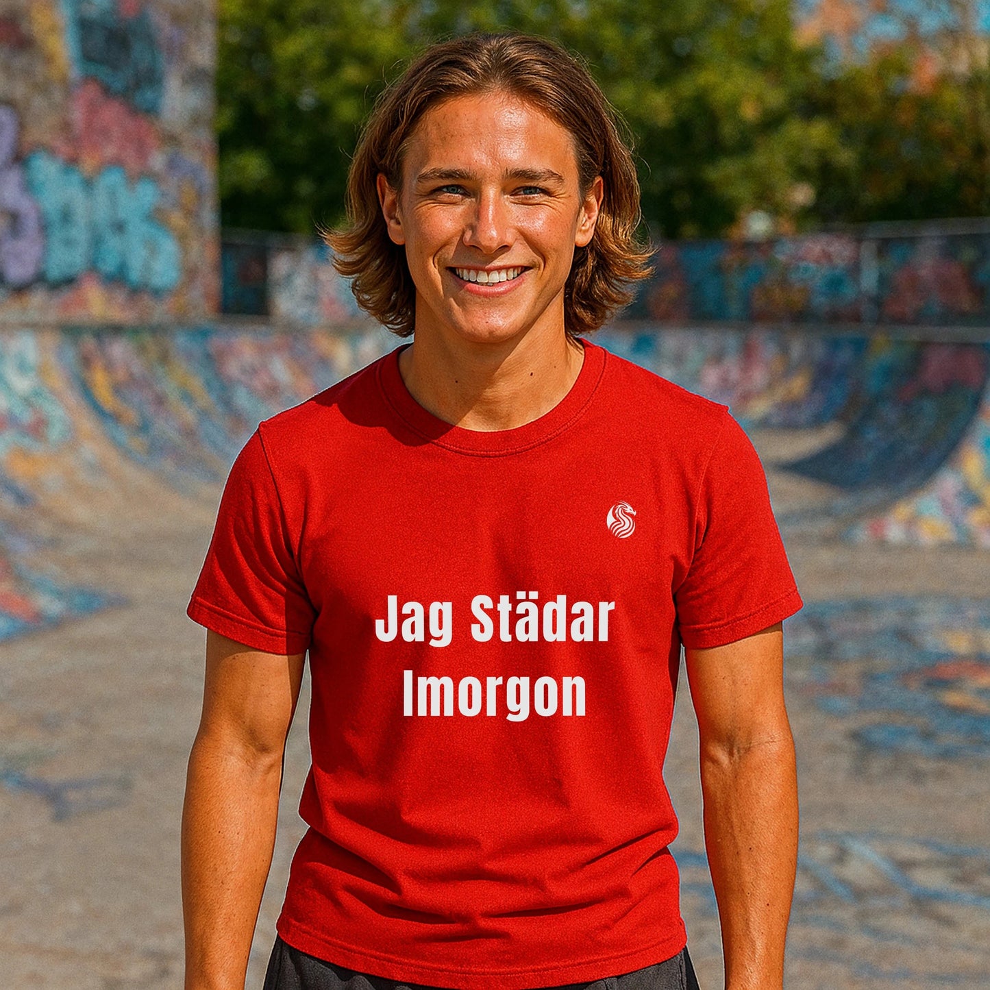 Alt Tag: Jag Städar Imorgon Ungdom 100% Organic Cotton T-Shirt red youth tee with "Jag Städar Imorgon" text, worn at skatepark