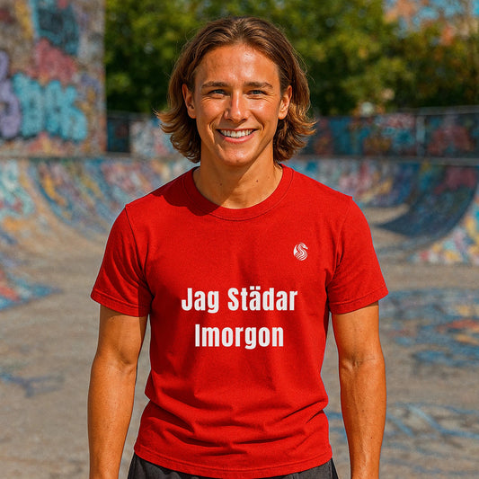 Alt Tag: Jag Städar Imorgon Ungdom 100% Organic Cotton T-Shirt red youth tee with "Jag Städar Imorgon" text, worn at skatepark