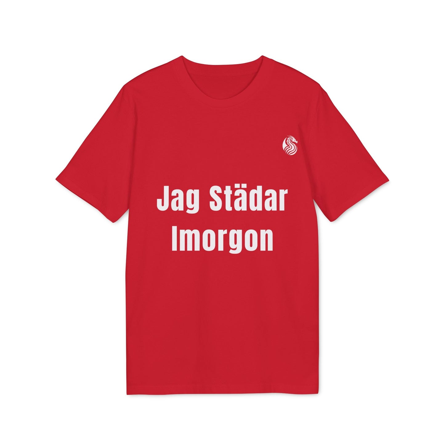 Alt Tag: Jag Städar Imorgon Ungdom 100% Organic Cotton T-Shirt red youth tee with white “Jag Städar Imorgon” text print