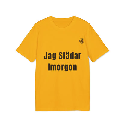 Jag Städar Imorgon Ungdom 100% Organic Cotton T-Shirt amarillo con texto “Jag Städar Imorgon” en negro, camiseta juvenil