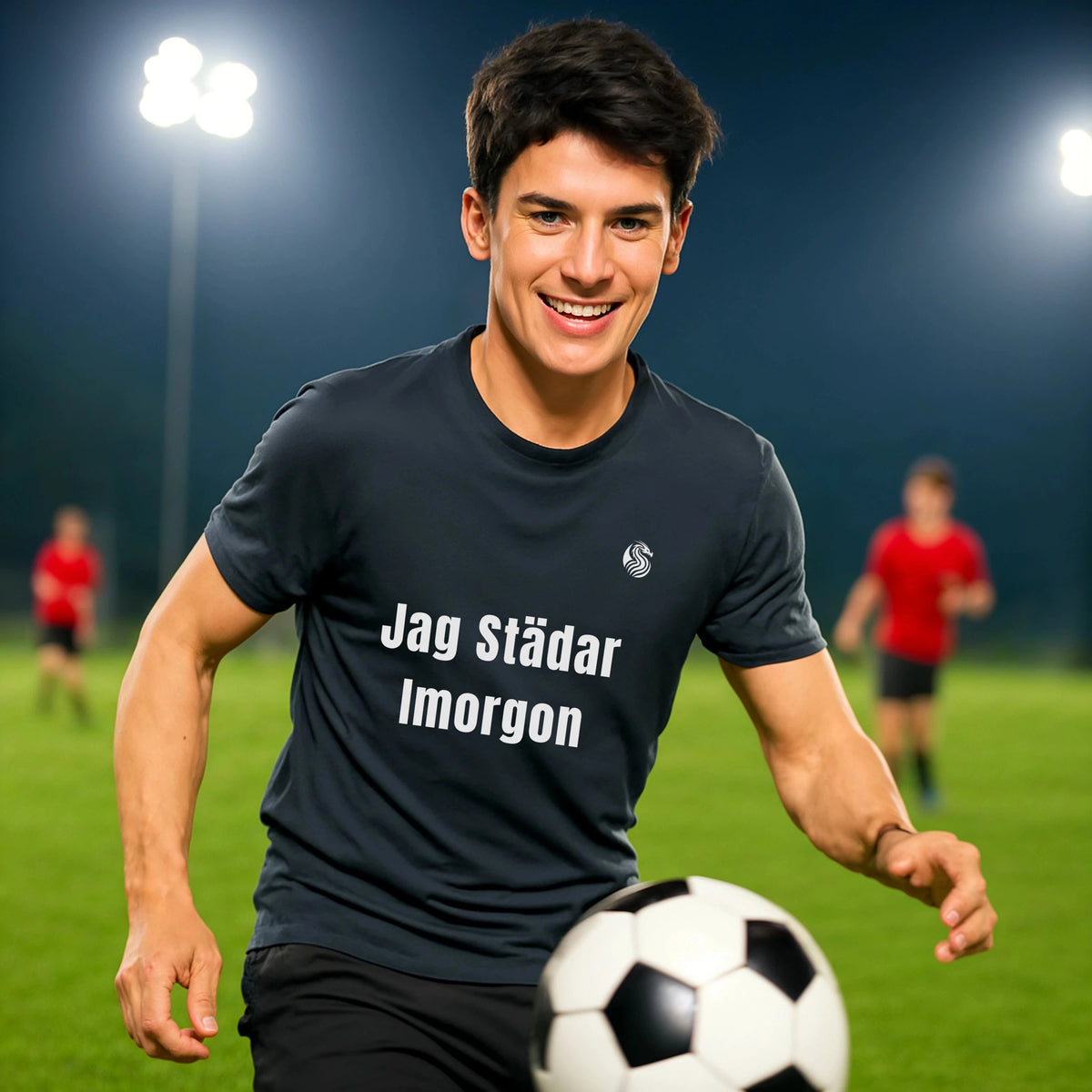 Jag Städar Imorgon Ungdom 100% Organic Cotton T-Shirt on youth soccer player wearing black tee with 