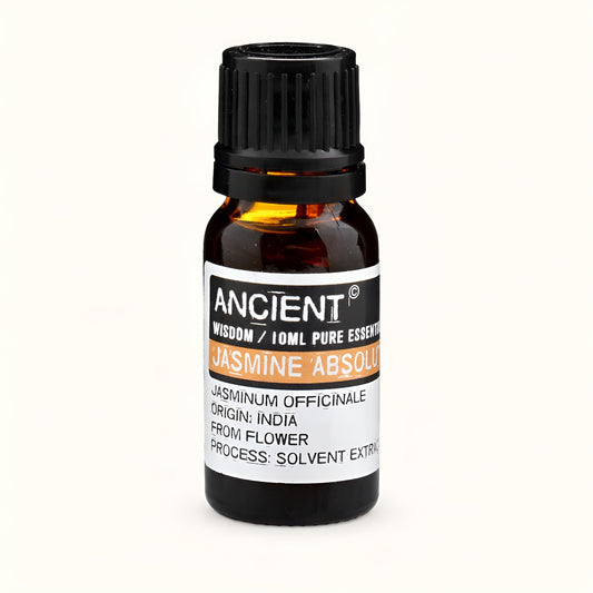 Alt Tag: Jasmine Absolute Essential Oil – 10 ML bottle, Jasminum officinale flower extract, origin India, Ancient Wisdom label