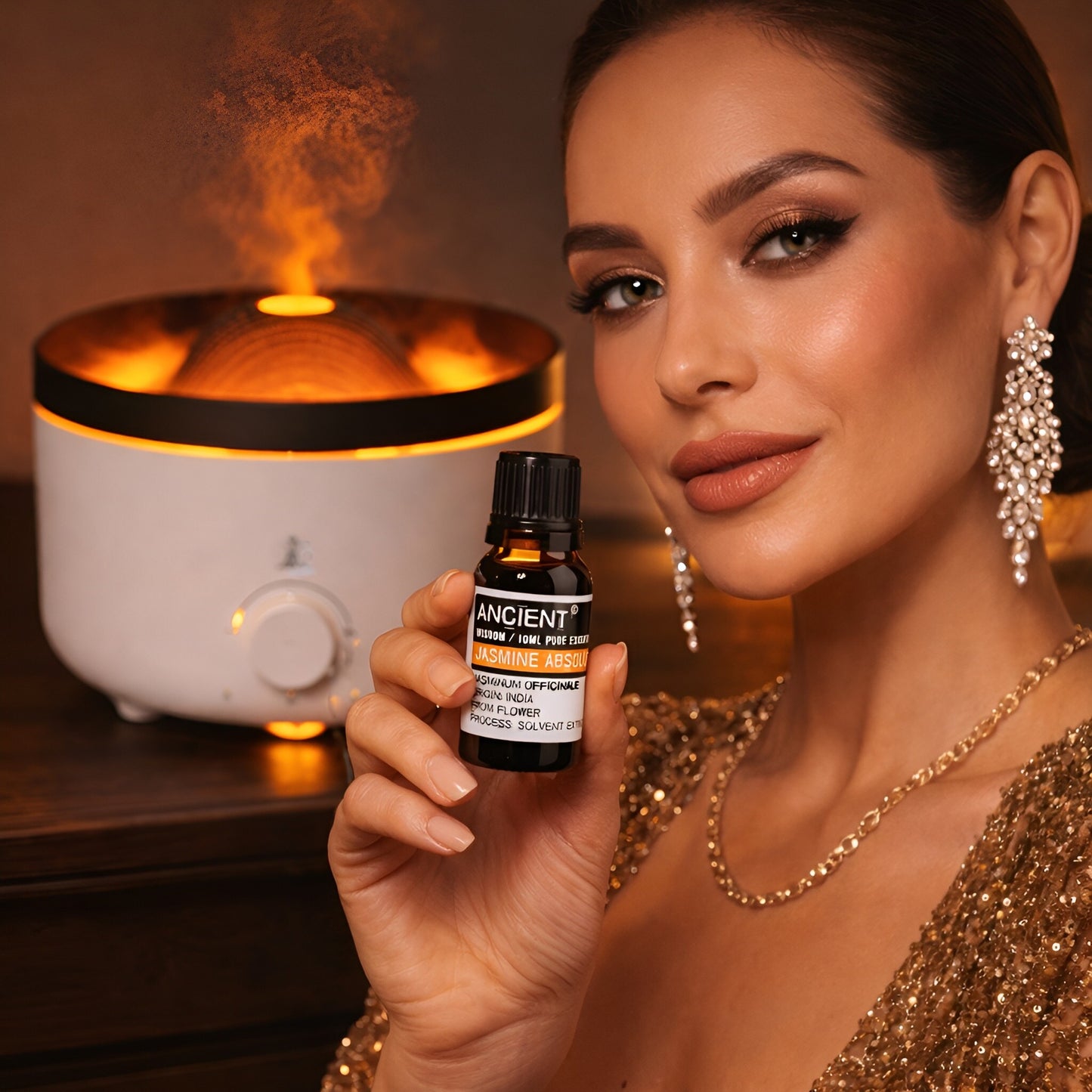 Jasmin Absolute eterisk olja – 10 ml-flaska som hålls av en kvinna, med aromadiffuser i bakgrunden